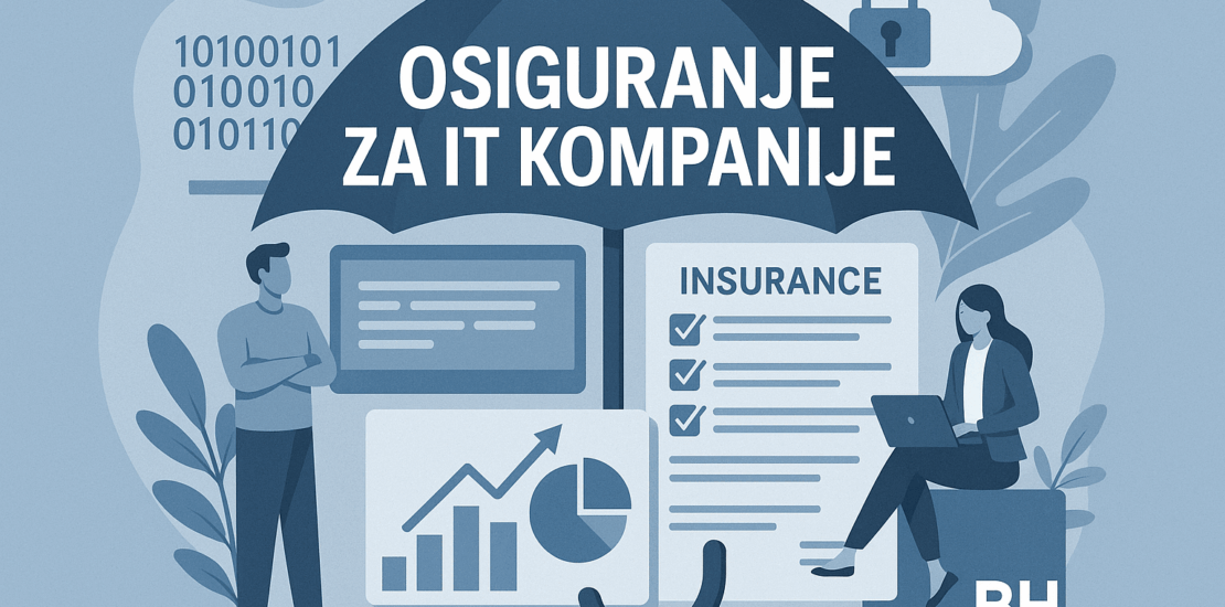 Osiguranje za IT kompanije - ilustracija sa kišobranom koji simbolizuje zaštitu, okružena grafikonima, sigurnosnim ikonama i poslovnim ljudima, naglašavajući važnost osiguranja za tehnološke kompanije. Prikazuje elemente kao što su zaštita podataka, sigurnost sistema i finansijska stabilnost.